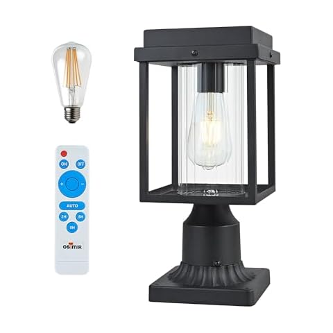 Osimir 14 Inch Outdoor Solar Post Lights, 3000K Dusk to Dawn Solar Post Light with Pier Mount Base, Waterproof Solar Post Lighting with Remote Control, Black Finish with Cylinder Glass, 2353/1GS Cover