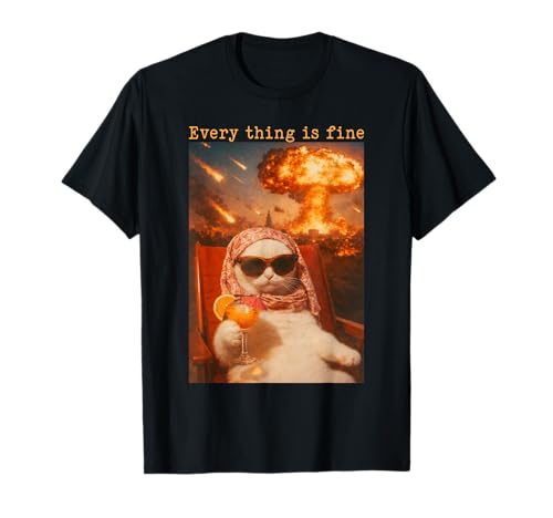 Every Thing is Fine Chill Cat Volcano Unhinged Funny Meme T-Shirt