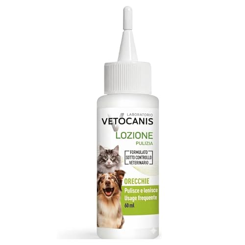 Vetocanis - Prodotto per la pulizia orecchie cane e gatto 60 ml - Pulisci orecchie per cani e gatti di tutte le taglie, razze ed età - Lozione pulizia orecchie con formula a base di estratti di piante