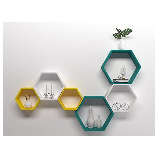AMAZE SHOPPEE Decorative Hexagon Shape Wall Shelf with 6 Shelves (White,Yellow & Turqouise)