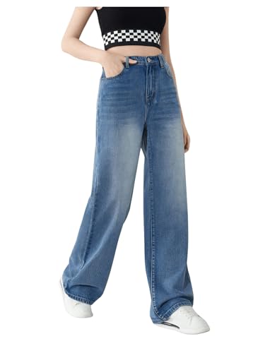 OYOANGLE Girl's Elastic Waist Wide Leg Jean Denim Pants Streetwear Long Pants with Pocket3