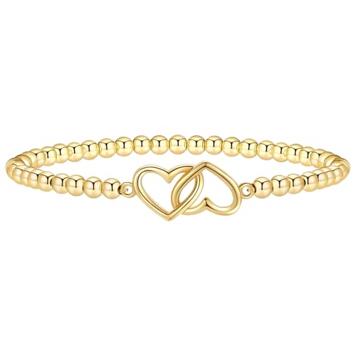 Image of MOTIBACK Interlocking Heart Wave Bead Bracelet, 20cm Gold Beaded Bracelets for Womens Ladies Fashion Jewelry Gifts