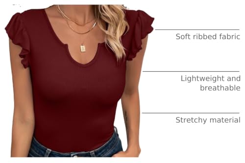 Image of VICHYIE Summer Women Ruffle Cap Sleeve Pretty Fitted Shirt | Ribbed Knit, Basic, Casual, Fashion Blouse, Solid Color
