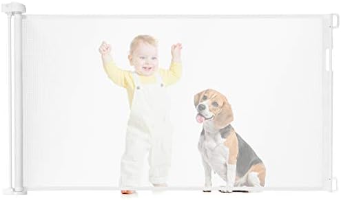 GYMAX Retractable Gate, Relocatable Mesh Safe Guard Easy to Roll and Latch, Baby and Pets Safety Gates for Door Stair Hallway (146 x 86cm, White)