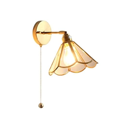 JYBNBBE Nordic Retro Glass Wall Sconce with Brass Pull-Cord, 3-Color Dimmable E27 Lamp for Living Room, Bedroom, Hallways, Study Rooms,One Color-20in