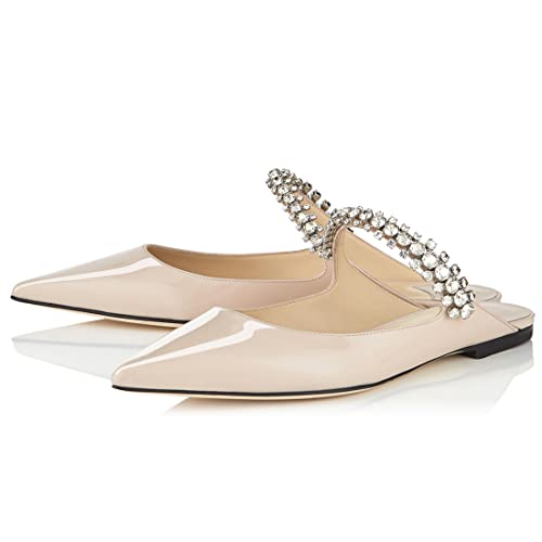 Xiniuniu Women Flat Mules Patent Leather Strapped Mules Pointed Toe Slip On Sandals For Women Rhinestones Bridal Dress Shoes Us Size 8 Nude #TOP17