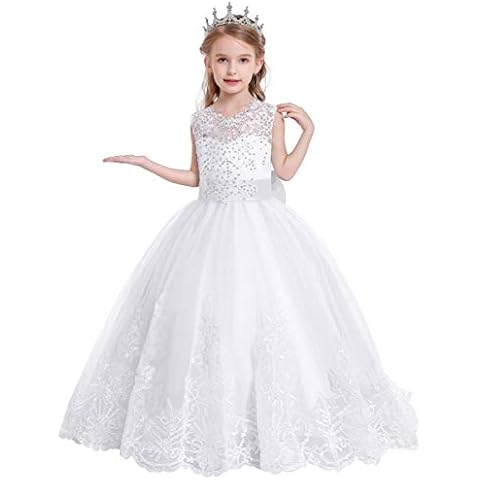 REXREII Flower Girls Lace Applique Wedding Tulle Dress Sleeveless First Communion Birthday Christmas Party Dance Ball Gown White 12-13 Years Cover