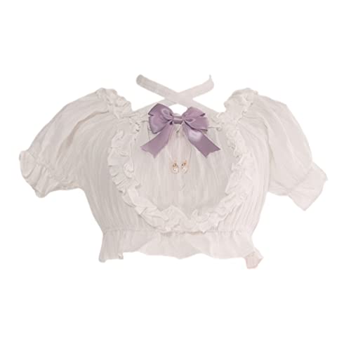 Image of Sweet Lolita Puff Short Sleeve Blouse Teen Girls Japanese Gothic Ruffle Halter Neck Soft Crop Top with Bow