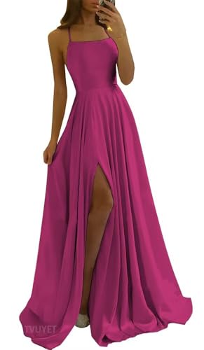 Image of Tvuyet Satin Prom Dresses Long with Pockets Spaghetti Straps A Line Bridesmaid Dresses with Side Slit Ball Gown