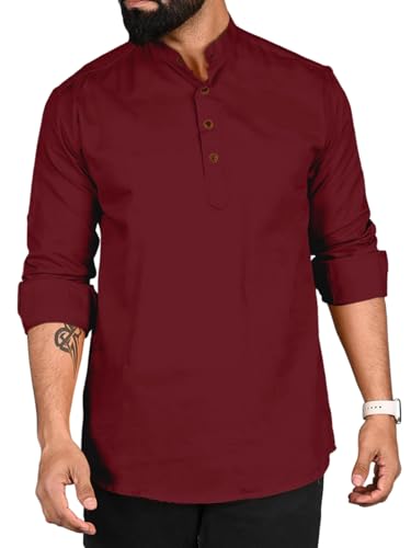 Image of ROYALSCOUT Men Cotton Blend Short Kurta with Mandarin Collar and Button Placket | Full Sleeve Regular Fit Ethnic Wear for Casual and Festive Use