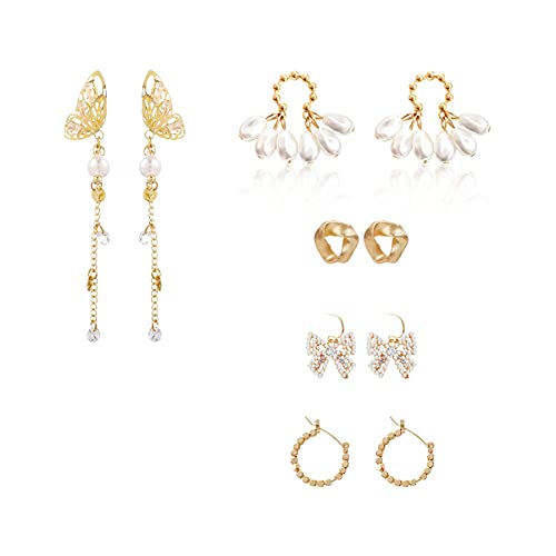 GOLD XIONG PADISHAN 5 Pairs Earrings Gold Butterfly Pearl Elegant Set for Women Girls, Butterfly Linear Long Tassels Aesthetic Earrings, Drop Dangle Earrings, Hoop Earrings, Pearl Stud Earrings Assorted Styles and Colors set8