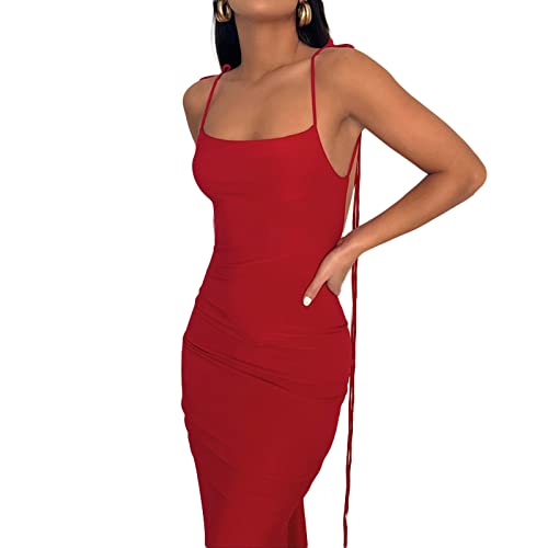 Loalirando Vestido largo de mujer, vestido sexy ajustado para mujer, vestido elegante, sin manga, vestido de ceremonia para mujer, vestido sin respaldo, fiesta de boda, rojo, S
