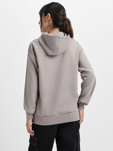 Image of JUNEBERRY Cotton Poly Fleece Oversized Fit Black, Green, Magenta, Mustard, Orange, Purple, Blue, Off White & Grey Graphic Printed Full Sleeve Hoodie for Women