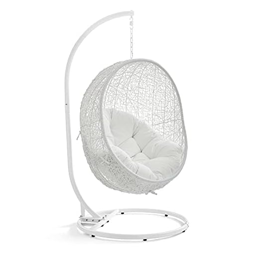 Modway Hide Wicker Rattan Outdoor Patio Porch Lounge Egg Swing Chair Set with Stand in White