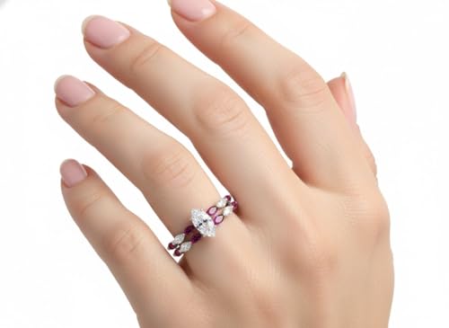 Image of 55Carat Choose Your Gemstone Single Prong Marquise Diamond CZ Ring and Band Sterling Silver Marquise Shape Wedding Ring Sets Matching Jewelry Wedding Jewelry Easy to Wear Gifts US Size 4 to 12