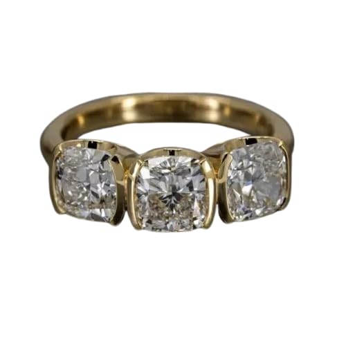 AARK & CO 3.00Ct Cushion Cut Lab Created Diamond Half Bezel Set Woman's Three Stone Wedding Ring 14K Yellow Gold Finish
