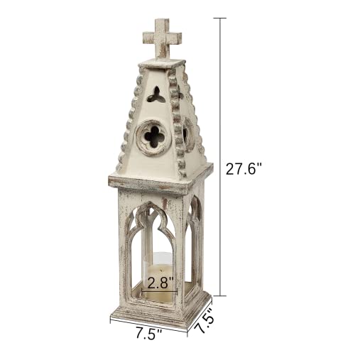 28" Tall Wooden Lantern Decorative Rustic, Vintage Church Decorative Candle Lantern, Distressed White Farmhouse Hurricane Candle Holder Floor Candle Holders For Garden Indoor Outdoor Wedding Home #TOP3