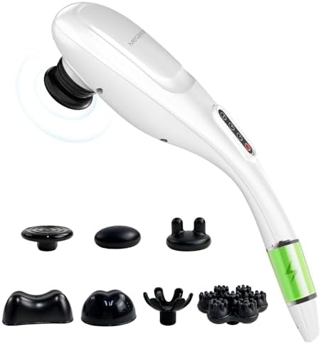 MEGAWISE Massagegerät kabellos mit 7 Köpfen für Nacken und Rücken, Weiß | 2000–3600 U/min, 5 modi, 7 massageköpfe, 3200 mAh, bis 90 min laufzeit, usb-c, langer griff, ca. 45 dB, we
