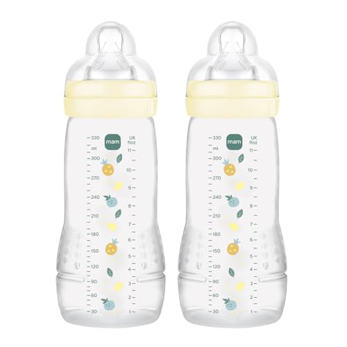MAM Pack 2 Biberones, a partir de 6 Meses, 330ml, con Tetina X Especial Líquidos Espesos de Silicona de Fácil Aceptación, Fácil de Sostener, Fácil de Limpiar, MAM Easy Active, Neutro, Pack de 2uds