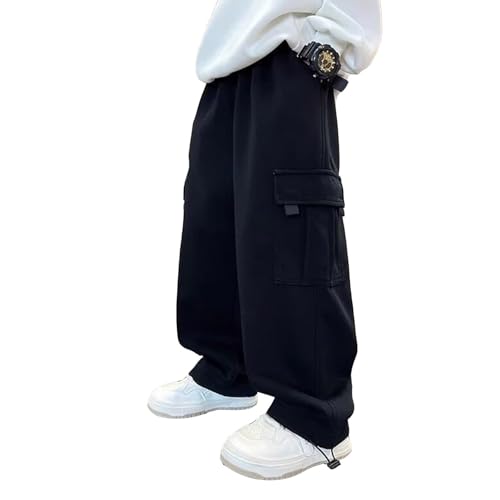 Boys Fleece Sweatpants Plain Cargo Joggers Pants Kids Running Sport Baggy Wide Leg Trousers Fall Warm Pants Bottoms