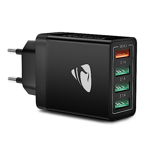 Caricatore USB,4Porto Presa USB 40W QC3.0 Alimentatore USB Caricabatterie Cellulare Rapido Caricatore Multiplo Per iPhone serie 6-17,iPad,Spinotto Muro Adattatore Carica Samsung Veloce 3.1A Spina USBA
