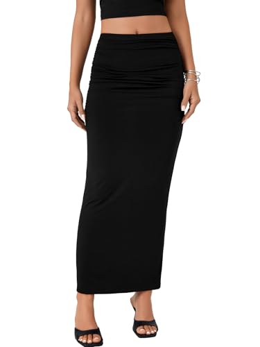 LYANER Women's High Waist Ruched Bodycon Party Maxi Long Pencil Skirt