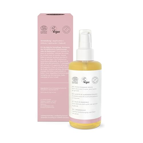 LILLYDOO parfürmfreies Babyöl Mandel, 99% reines Mandelöl kaltgepresst mit Vitamin E zur Babypflege, vegane Naturkostmetik, Dermatest sehr gut in hochwertiger Glasflasche (100ml)