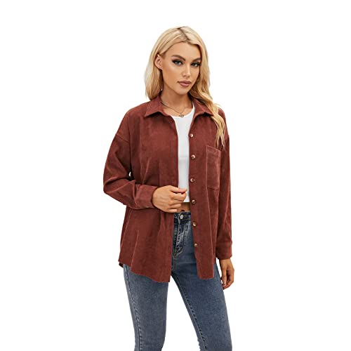 SUNNOW Womens Corduroy Long Sleeve Button Down Shirt Jacket Boyfriend Oversized Casual Shacket Blouses Tops with Pockets,XL Brown