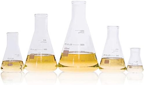 ULAB Scientific Glass Erlenmeyer Flask Set, 5 Sizes 50ml 150ml 250ml 500ml 1000ml, 3.3 Boro with Printed Graduation, UEF1002