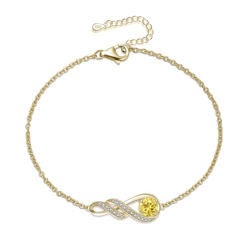 Image of LOCIBLO November Birthstone Bracelets for Women 925 Sterling Silver Created Citrine Yellow Topaz Bracelet Gold Plated Infinity Pendant Jewellery, 6.7"+1.2"