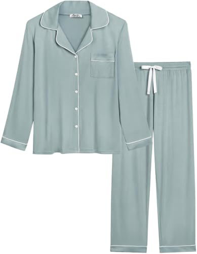 Image of Joyaria Women's Cooling Bamboo Viscose Pajama Set Long Sleeve Button Front | Hot Sleeper Comfort . Cooling Relief . Lightweight Feel for Sleeping & Lounging