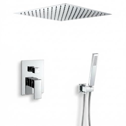 VALAZ Ducha Encastrada Cromada | Ducha Monomando 2 Vías, Rociador Efecto Lluvia | Instalación en Techo Fácil y Rápida | Inoxidable, Cuadrada, Rociador 30 cm, Serie Tajo