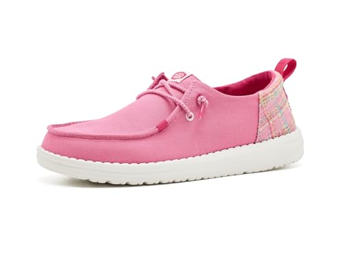 HEYDUDE Girls Youth Wendy Funk Prep Plaid Slip On Shoe Cameo Pink/Multi Size 11 | Lightweight Easy On Travel Ready Sneaker
