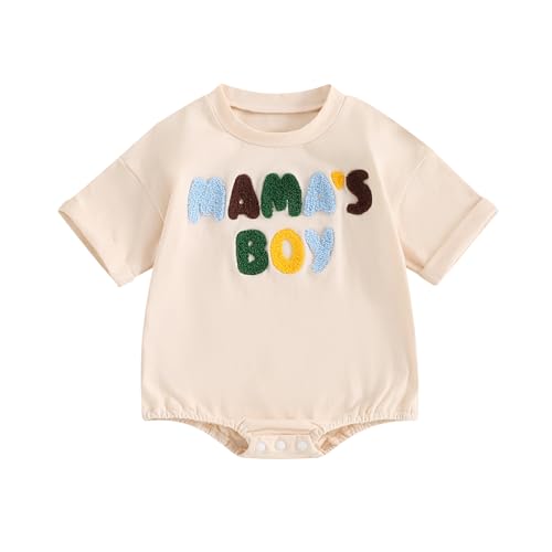 Image of Lamuusaa Newborn Infant Baby Boy Summer Outfit Embroidery Short Sleeve Romper Mamas Boy Baby Clothes (Beige, 0-3 Months)
