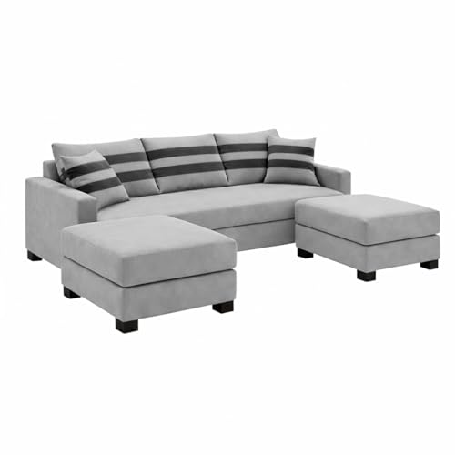 Image of Kassian Rich Velvet Suede 3 Seater Sofa Set with 2 Ottomans | Spacious Soft Touch Comfort Seating | Modern Sofa for Living Room - Light Gray