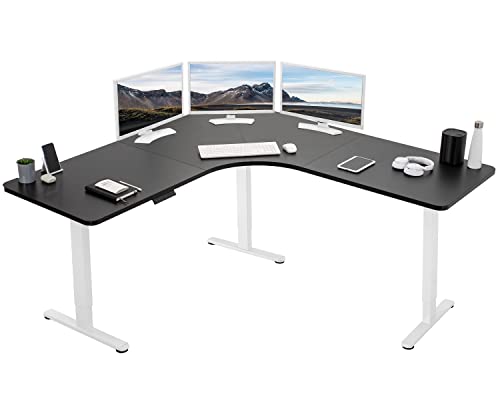 Image of VIVO Electric Height Adjustable 71 x 71 inch Curved Corner Stand Up Desk, Black Table Top, White Frame, Memory Controller, L-Shaped Workstation, E3C Series, DESK-KIT-E3CWB