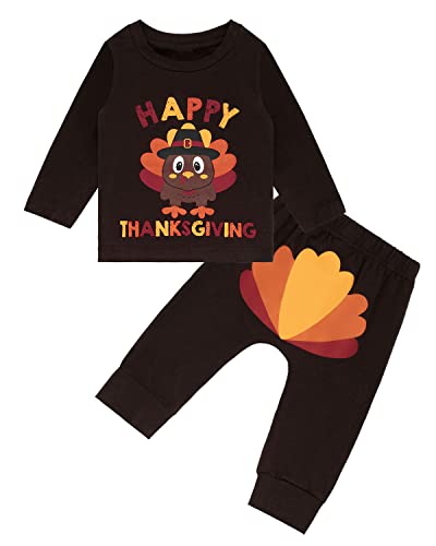 Kewlent Thanksgiving Baby Boys Girls Turkey Print Outfit Toddler long sleeve Pant Set (Brown, 18-24 Months)