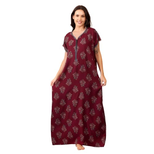 Image of Women's Alpine Botanical Leaves Print Maxi Nightgown with Pocket