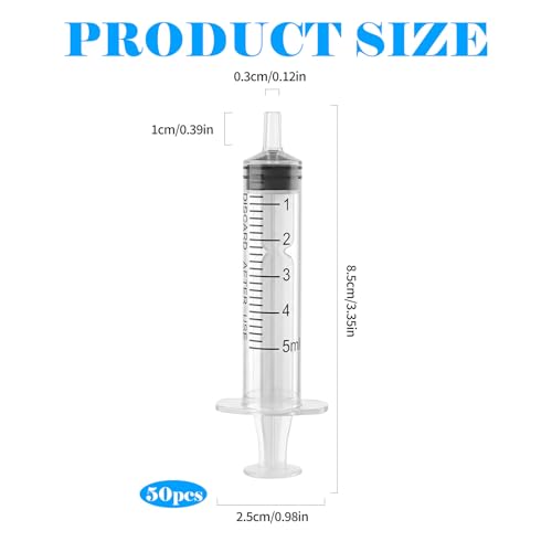 FICOFISE Kunststoff Spritze 5ml, 50 Stück Kunststoffspritze sterile Verpackung mit Messung für wissenschaftliche Labore,Dispensieren,Messen von Flüssigkeiten,Tierfütterung,Pflanzenbewässerung
