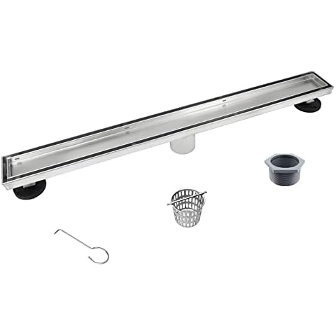 Bernkot Linear Shower Drain 26" with Tiled in Drain Grate Brushed Gold 304 Stainless Steel Rectangular Floor Drain Hair Strainer Drain Key Included Cover