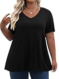 Tencede Womens Plus Size Tops Short Sleeve Tunic Shirts V Neck Summer Floral Loose Fit Blouse Black 3X