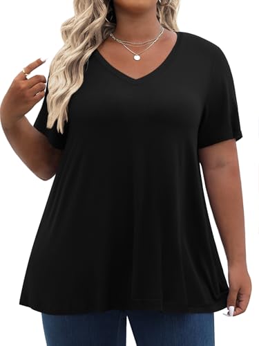 Tencede Womens Plus Size Tops Short Sleeve Tunic Shirts V Neck Summer Floral Loose Fit Blouse Black 3X
