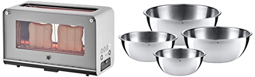 WMF Lono Toaster Glas mit Brötchenaufsatz, 2 Scheiben, XXL, motorisierte Toastaufnahme & Gourmet Schüsselset 4-teilig Edelstahl Schüsseln für die Küche 0,75l - 2,75l, Cromargan, stapelbar WMF Lono Toaster Glas mit Brötchenaufsatz, 2 Scheiben, XXL, motorisierte Toastaufnahme & Gourmet Schüsselset 4-teilig Edelstahl Schüsseln für die Küche 0,75l - 2,75l, Cromargan, stapelbar