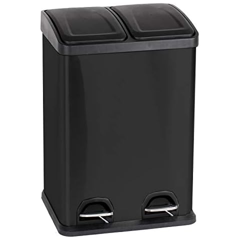 HAC24 Edelstahl Doppel Mülleimer 40l Küche Schwarz Matt Duo Abfalleimer Trennsystem Treteimer Mülltrenner Mülltonne Abfallsammler Abfallbehälter Cover