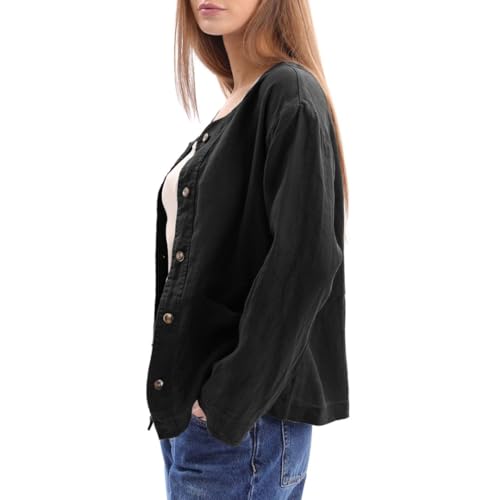 Image of Amazhiyu Women's 100% Linen Long Sleeve Button Up Crew Neck Lightweight Cardigan