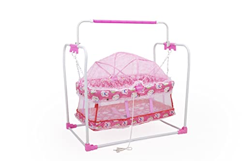 Image of BABYBLESSING New Born Baby Sleep Swing Cradle /Jhula /Palna /Bed /Bedding with Mosquito Net for 0-12 Months Baby Boys and Girls (Pink)