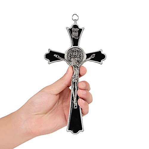 VINETEN Black Enamel Crucifix Wall Cross, Saint Benedict Metal Wall Art