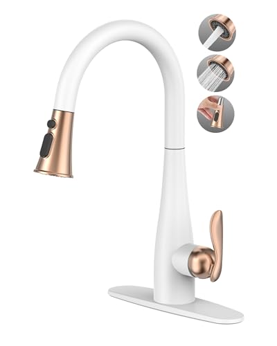 Mbillion Kitchen Faucet with Pull Down Sprayer 3 Mode, High Arc Stainless Steel Single Handle Sink Faucet with Deck Plate 1 or 3 Hole for Farmhouse Commercial Camper Laundry Rv Bar Sink White and Gold