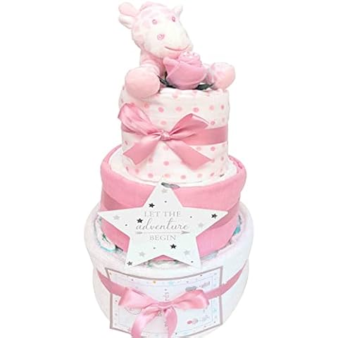 3 Tier Nappy Cakes Newborn Baby Girl Gifts Keepsake 8 Piece Baby Photo Cards, Giraffe, Socks, Baby Towel, Muslins, Plaque, Nappies, Baby Shower Maternity Gifts for Mum to Be Cover