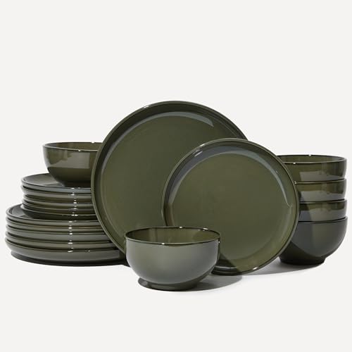 Image of Pokini 18 Piece Dinnerware Set for 6, Reactive Glaze Terracotta Plates and Bowls Set, Large Family-Sized Stoneware Dish Set for Gatherings, Chip and Scratch Resistant, Blackish Green